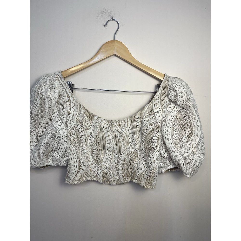 Saylor Jenni Top Blouse Cropped White Beige Lace Zip Puff‎ Sleeve M Retail $253 - Picture 2 of 11